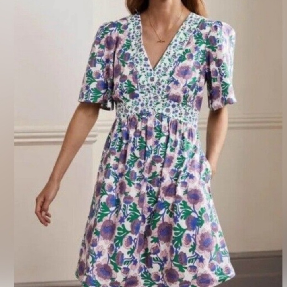 Boden size Floral V-Neck Short Sleeve woman's multicolor dress